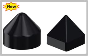 Two moulded black PVC pole caps photographed side by side: at left a round cap with a domed conical top, at right a square cap with a pyramid top, both on a plain parallel skirt.